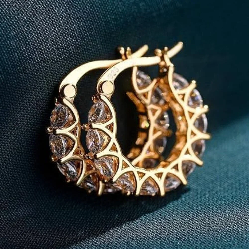 Women's 14K Gold Plated 925 Yellow Gold Cubic Zirconia Hoop Dainty Earrings - Picture 3 of 6